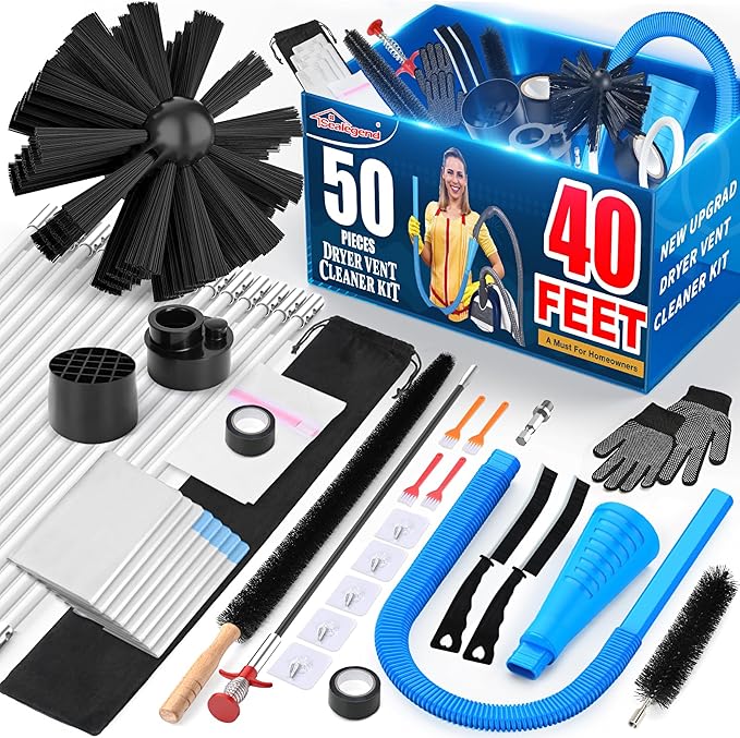 Sealegend 47-Pieces 40-Feet Dryer Vent Cleaner Kit, Dryer Cleaning Tools, Include Omnidirectional Blue Dryer Lint Vacuum Attachment, Dryer Vent Brush, Universal Vacuum & Dryer Adapters