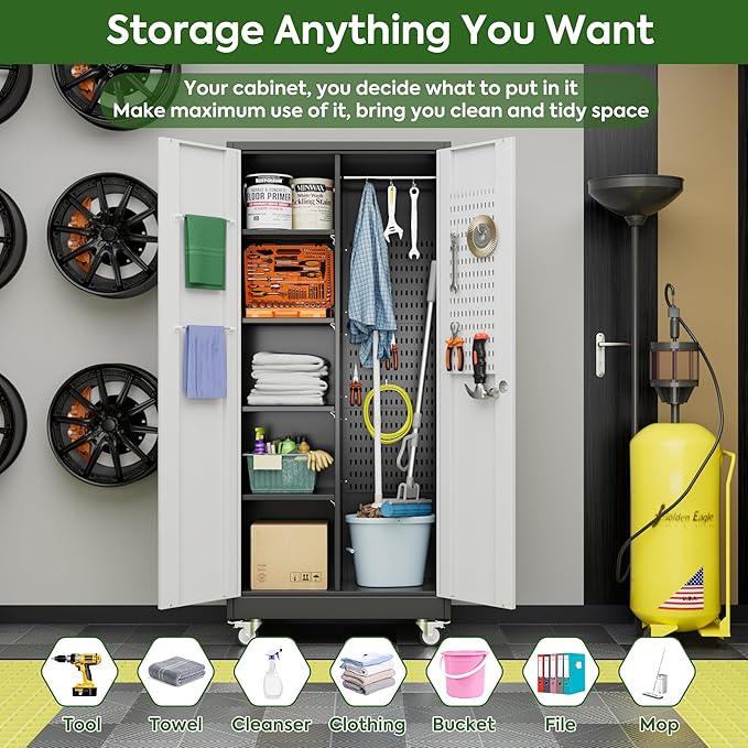 Reemoon 71'H Broom Closet Storage Cabinet with Doors and Pegboard,Metal Garage Storage Cabinet on Wheels and Adjustable Shelves for Garage Home,Required Assembly,Black and White