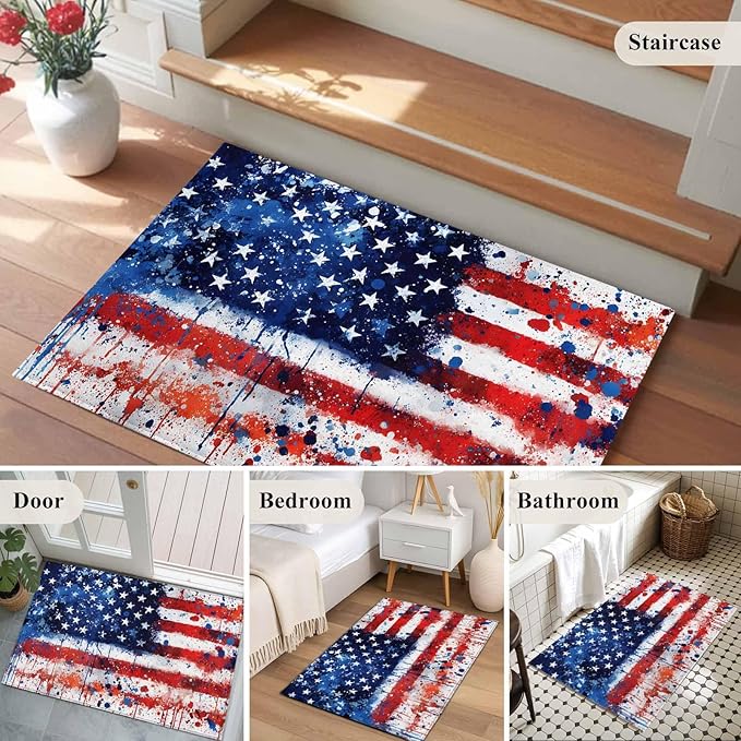 Mottled Red Blue White Stars Painted Flag Entryway Rug 2'x3', Small Area Rug Non-Slip Front Door Mat Washable Floor Carpet for Indoor Entrance Kitchen Bathroom