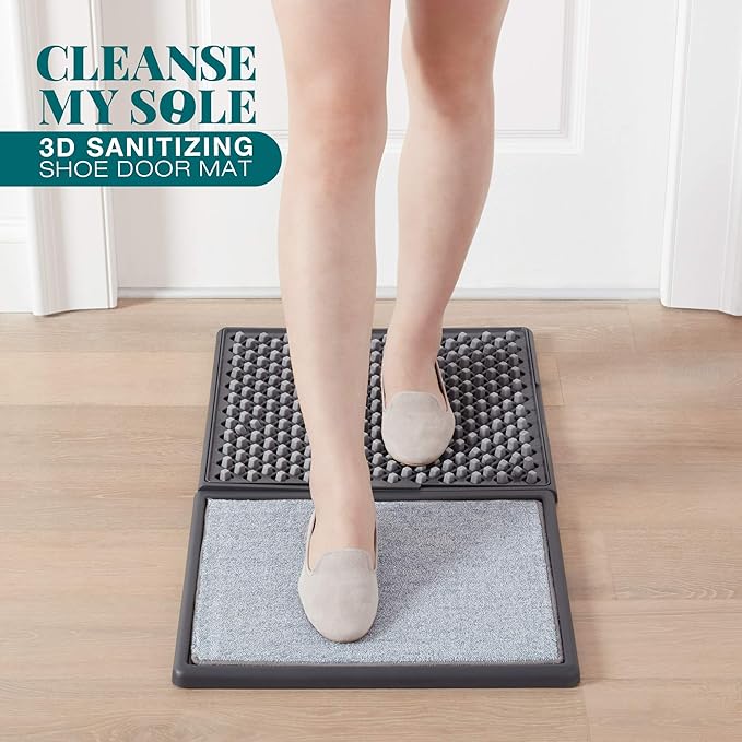 Sanitizing Shoe Door Mat - Disinfecting - Quick 2 Step Cleaning - Durable - Ultra Absorbent - Anti Slip Bottom - Automatic Shoe Sole Cleaner - 17” x 13”
