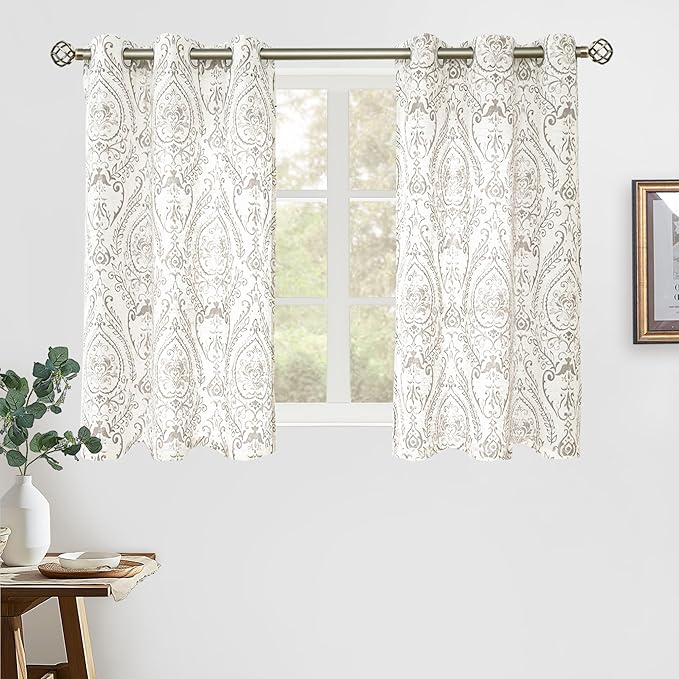 LAMIT Short Linen Curtains 45 inch Length for Small Windows, Light Filtering Semi Sheer Linen Curtains Grommet Vintage Damask Flower Pattern Drapes for Half Windows, 2 Panels, 34 x 45 Inch, Taupe