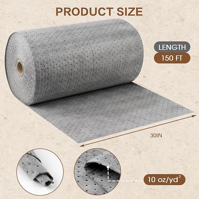 Oil Absorbent Mat Roll 30" x 150', Oil Absorbent Pads Heavy Duty for Industrial Garage Leaks & Drips, 10 oz Polypropylene Spill Cleanup Absorber