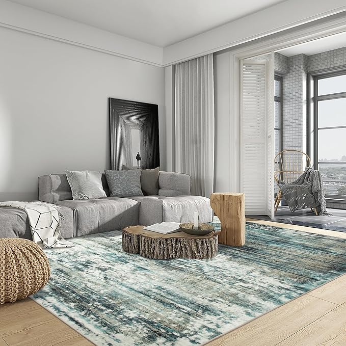 9x12 Area Rugs Washable Rug: Modern Abstract Living Room Rug Soft Anti-Skid Thin Carpet Indoor Floor Non-Shedding Carpets for Bedroom Dining Room Farmhouse Nursery Home Office Green Multi