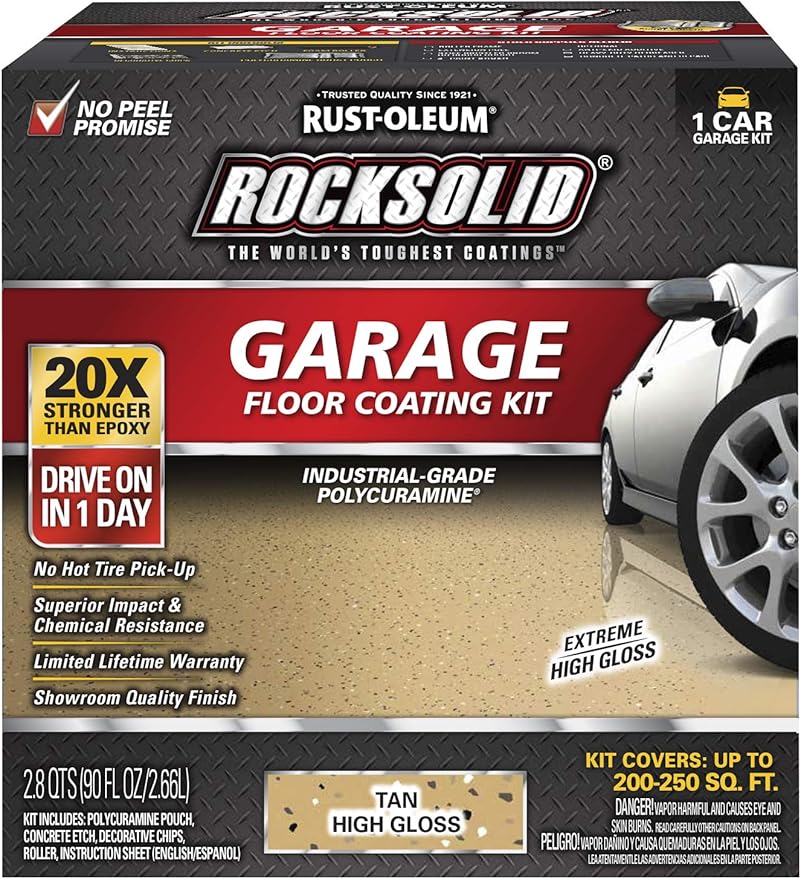 Rust-Oleum 60007 RockSolid Polycuramine Garage Floor Coating, 1 Car Kit, High Gloss Tan