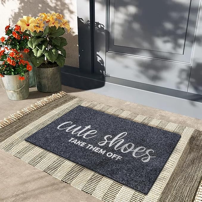 AOAOPQ Front Door Indoor Outdoor Entrance Doormat Grey Rubber Welcome Door Mat Cute Shoes Take Them Off Doormat Anti Slip Easy to Clean Corridor Patio Entry Mat