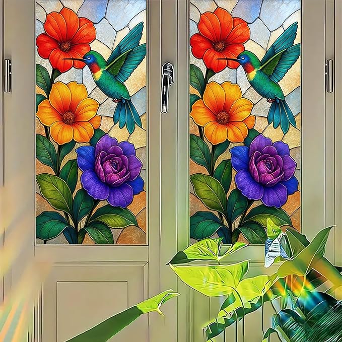 Colorful Bird Flower Privacy Film Stained Glass Style Static Cling No Glue Decorative Panel Light Filtering Cover for Kitchen Door Studio Entryway 17.7x39.3 inch