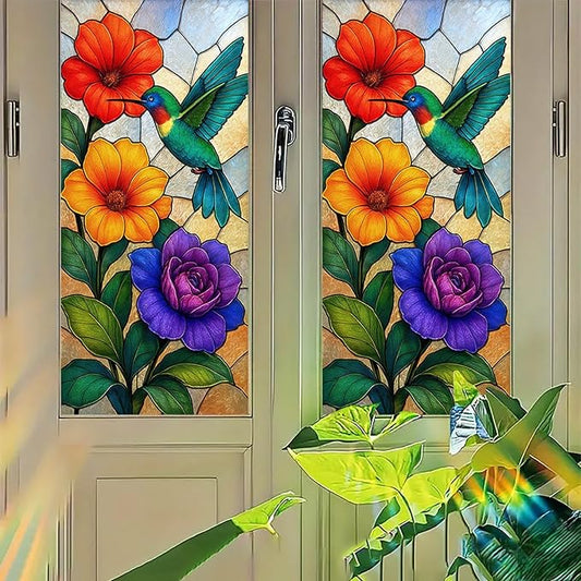 Colorful Bird Flower Privacy Film Stained Glass Style Static Cling No Glue Decorative Panel Light Filtering Cover for Kitchen Door Studio Entryway 17.7x39.3 inch