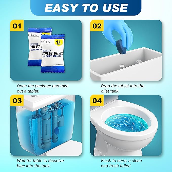 Shinefy Automatic Toilet Bowl Cleaner Tablets – 40 Tabs - Blue Gel Toilet Tank Cleaner, Hard Water Ring Remover, Septic-Safe Heavy-Duty Stain & Smell Eliminator, Toilet Cleaning & Deodorizer