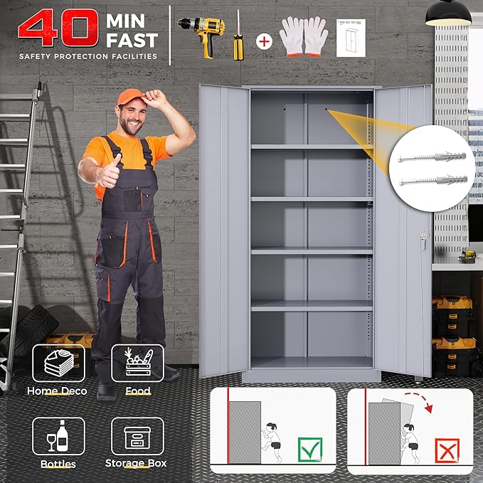 Bonusall 72" Metal Garage Storage Cabinet， Heavy-Duty Steel Cabinet with 2 Locking Doors & 5 Adjustable Shelves for Home