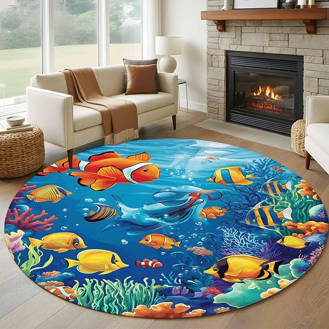 Ocean Marine Large Round Rug 8Ft, Life Fish Coral Seagrass Underwater Coastal Circle Area Rugs Washable Non Slip Indoor Floor Mats Carpet for Living Room Bedroom Dining Room Home Decor
