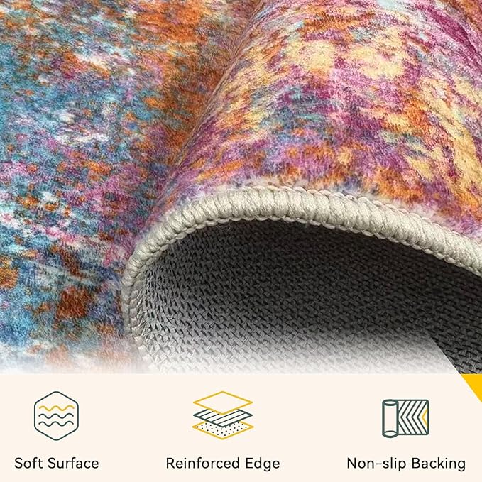 RELEANY Washable Area Rugs 5'x7' Non-Slip Modern Abstract Soft for Living Room Entryway Bedroom Nursery, Print Pattern, Orange Blue Pink Yellow Colorful
