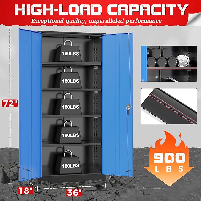 Bonusall 72" Metal Garage Storage Cabinet， Heavy-Duty Steel Cabinet with 2 Locking Doors & 4 Adjustable Shelves for Home, Office