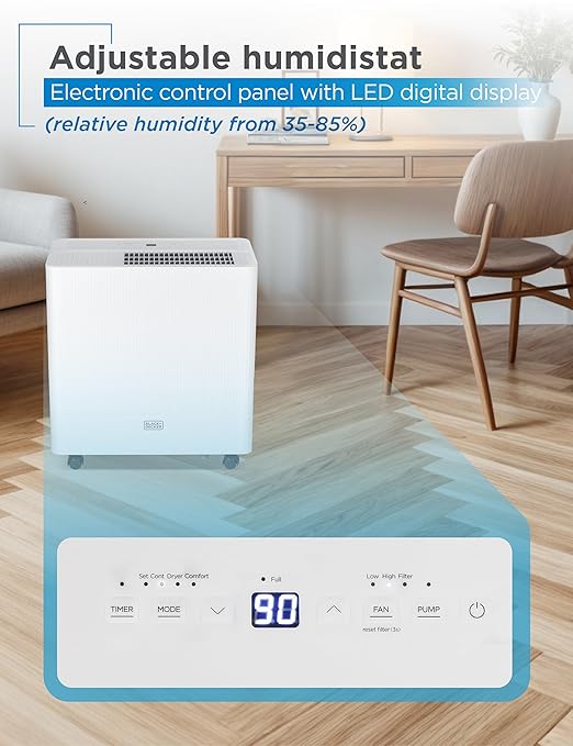 BLACK+DECKER Portable Dehumidifier, Extracts 36.39-Pint Per 24-Hours, Dehumidifier for Home up to 3000 Sq. Ft. Coverage, 10.56-Pint Bucket, Energy Star 6.0 Certified, BDM36WCDA, White