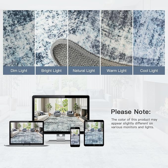 Lofus 6x9 Area Rug for Living Room, Blue Abstract Rugs with Non-Slip Backing, Neutral Modern Washable Carpet for Bedroom Dining Room Home Office Nursery Indoor