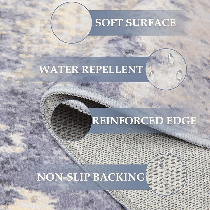 RELEANY Washable Area Rugs 6'x8' Non-Slip Modern Abstract Soft for Living Room Entryway Bedroom Nursery, Print Pattern, Purple Grey Cream Yellow