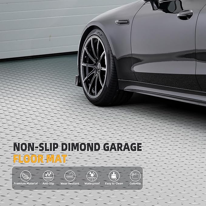 8.2x21 FT Floor Mat, 2.8mm 172.2 SQFT Non-Slip Diamond Plate PVC Garage Shop Parking Mat, Heavy Duty Flooring Roll for Workshop, RV Trailer, Golf Cart, Waterproof. Gray