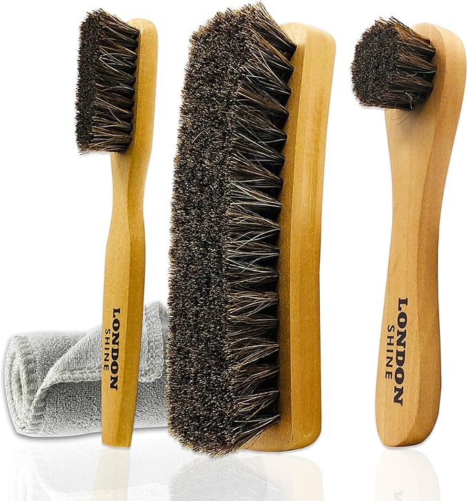 Horsehair Shoe Brush Kit 4 Piece – Premium Horsehair Shoe Brush Set for Leather Shoes & Boots, Shine Brush, Dauber Applicator, Suede Cleaner & Microfiber Cloth.