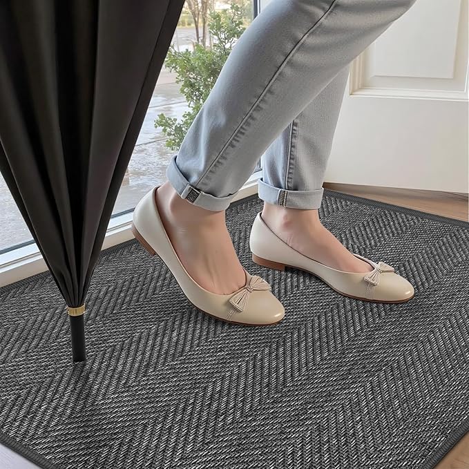 Ultra Thin Indoor Door Mat 36"x59", Washable Door Mat Indoor Entrance, Non Slip Rubber Backing Doormat Low-Profile Inside Entryway Mat, Unique Herringbone Design Entry Mat, Dark Grey (FOLD)