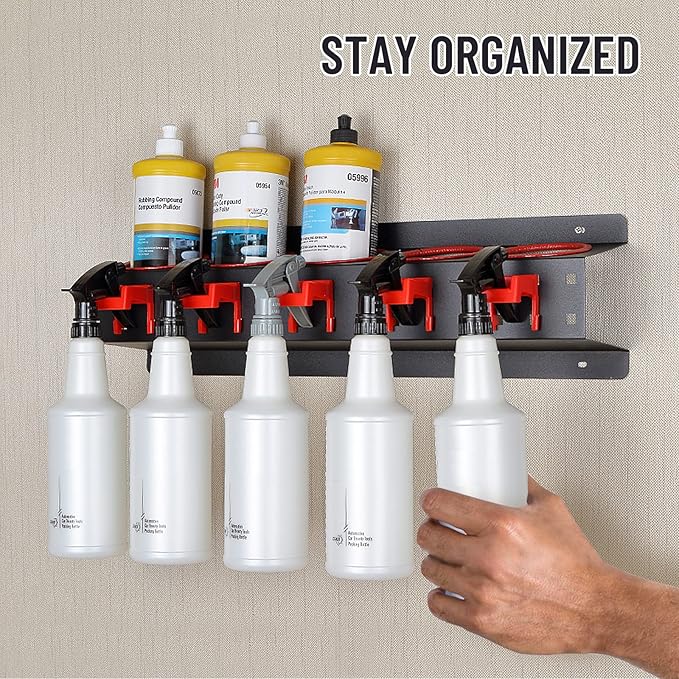 2 Set Spray Bottle Storage Rack,Wall Mount Spray Can Holder Garage Bottle Organizer, Hanging Rail Car Beauty Shop Accessory Display Auto Cleaning Detailing Tools Hanger with Car Cleaning Brush Kits