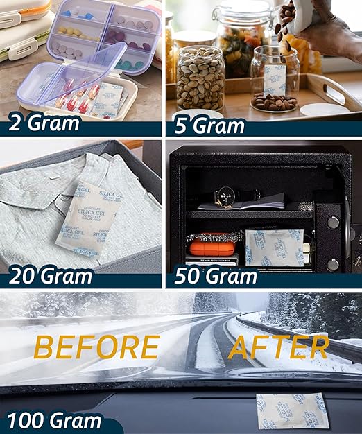 5 Gram (100 Pack) Color-Indicating Silica Gel Packets, Premium Food Grade Desiccant - Rechargeable Moisture Absorbers for Food Storage, Electronics, 3D Filament & Safes