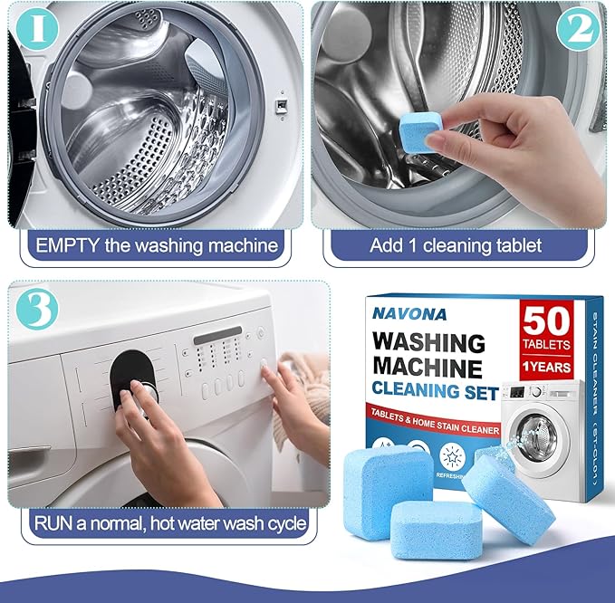 Navona Washing Machine Cleaner Tablets, 50 Pack Deep Cleaning Descaler, Washer Cleaner Tablets for Front & Top Load HE Washer, Residue, Grime, and Odors Remover, Pet Owner Friendly