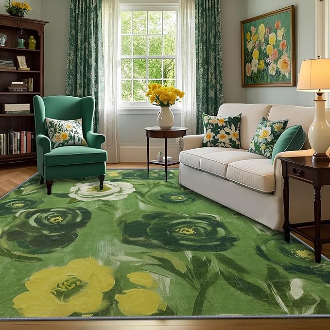 8x10 Camellia Floral Rugs, Modern Washable Flower Pattern Area Rug for Bedroom, Soft Large Non-Slip Kitchen Carpet Floor Door Mat for Living Room Dining Room Office - Green