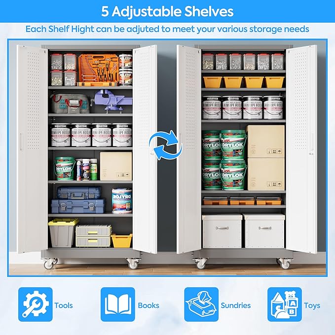 Reemoon 71" H Garage Storage Cabinet with Wheels, Lockable Metal Storage Cabinet with Doors,5 Adjustable Shelves and Pegboard for Garage Home Utility Room,Required Assembly,Grey&White