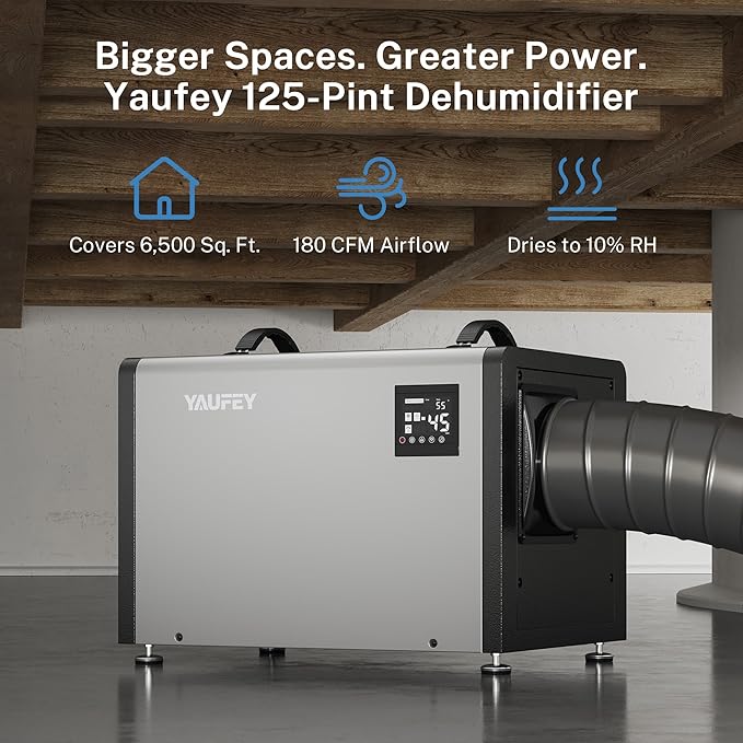 Yaufey 125 Pints Commercial Dehumidifier for Crawl Space, Basement, Industrial, Up to 6,500 Sq. Ft., 10-98% RH Humidity Control, TUV Certified, Auto Defrost, 5-Year Coverage