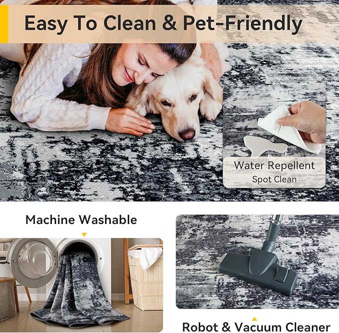 RELEANY Washable Area Rugs 6'x9' Non-Slip Modern Abstract Soft for Living Room Entryway Bedroom Nursery, Print Pattern, Black Navy Blue Gray