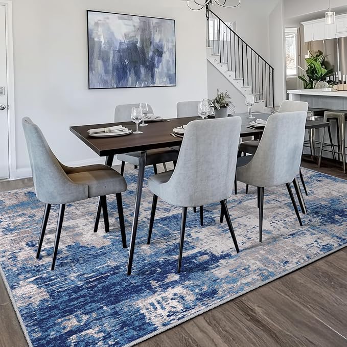 RELEANY Washable Area Rugs 10'x12' Non-Slip Modern Abstract Soft for Living Room Entryway Bedroom Nursery, Print Pattern, Blue Grey Navy Gray