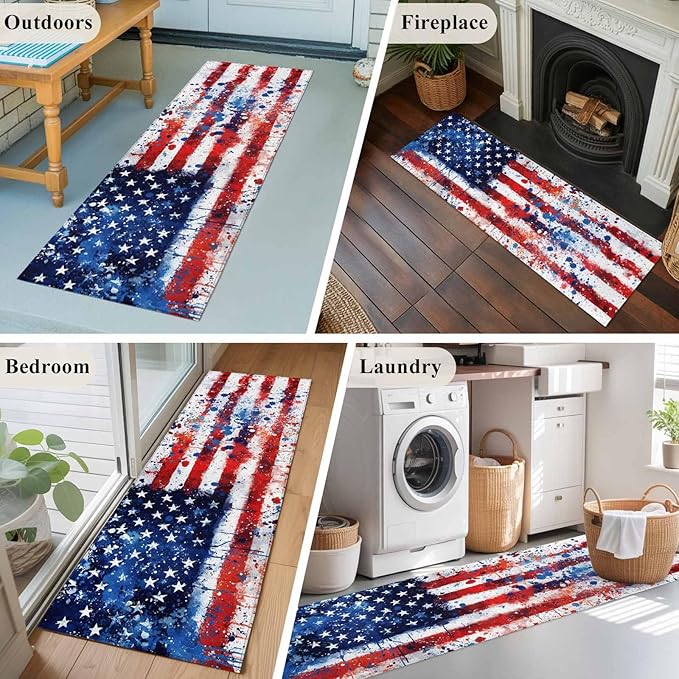 Mottled Red Blue White Stars Painted Flag Runner Rug 2'x6', Hallway Runner Rugs Washable Non-Slip Bedside Floor Mats Carpet for Kitchen Bedroom Laundry Room Bathroom