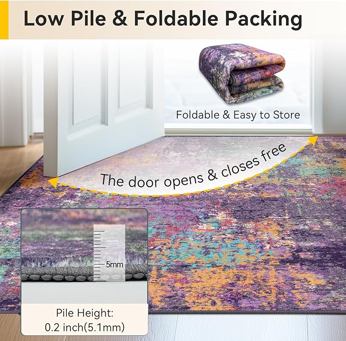 RELEANY Washable Area Rugs 5'x7' Non-Slip Modern Abstract Soft for Living Room Entryway Bedroom Nursery, Print Pattern, Purple Orange Blue Green Rust Red Colorful