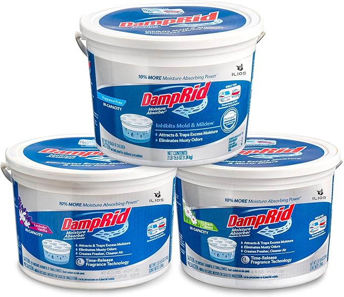 DampRid Hi-Capacity Moisture Absorber Damp Rid Bucket - 3 Pack (2 lb. each) Fragrance Free, Fresh Scent, Lavender Vanilla - Attracts & Traps Excess Moisture. Packed By ILIOS