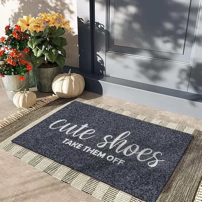 Welcome Mat Entryway Cute Shoes Take Them Off Front Door Mats 24"x 36" with Rubber Backing Out Doormat Non Slip Natural Doormats Grey