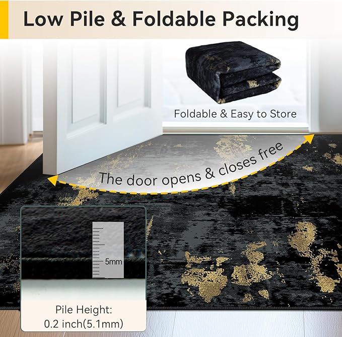 RELEANY Washable Area Rugs 6'x9' Non-Slip Modern Abstract Soft for Living Room Entryway Bedroom Nursery, Print Pattern, Dark Black Gold