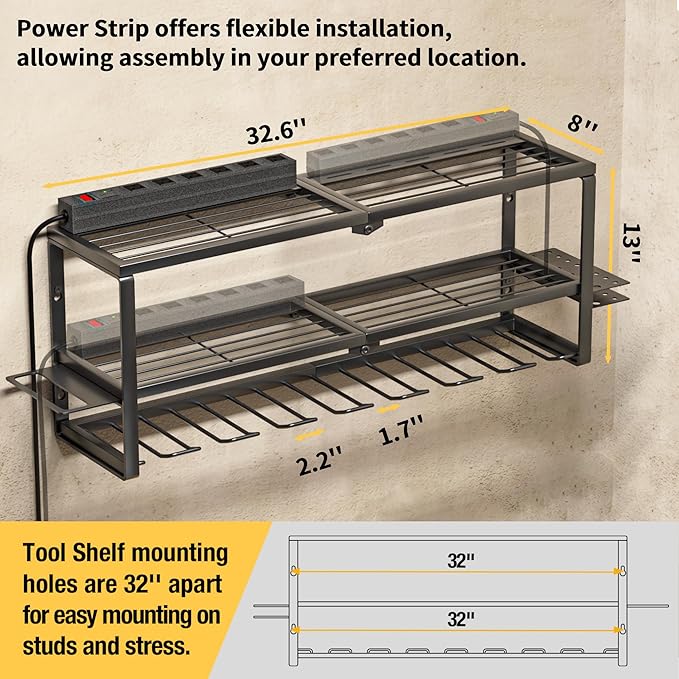 YYR Heavy Duty Power Tool Organizer with Charging Station, Cordless Drill Hanger Storage Rack, Battery Tools Holder Wall Mount Shelf for Garage - 32 Inch Equipped with Surge Protection Power Strip