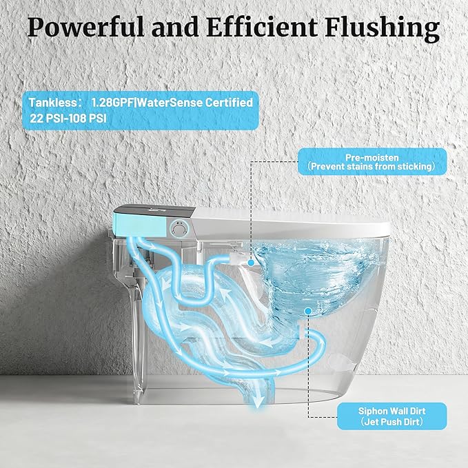 Smart Toilet with Heated Seat & Dual Auto Flush, Foot Sensor, Tankless One-Piece Electric Toilet with Manual Soft-Close Seat & Lid, Night Light, LED Display & 1000g Powerful Flush, 1.28GPF