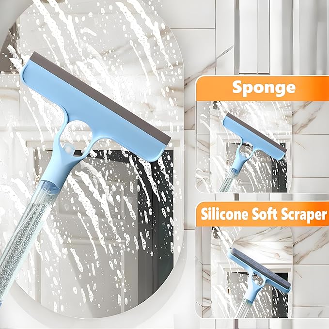Multi-Functional Glass Scraper & Sprayer 3-in-1 Window Cleaning Tools Kit, Home Window Squeegee, Mirror and Bathroom Cleaning Brush, Gray Super Fiber Cloth