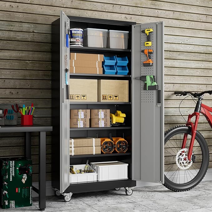 Reemoon 71" H Metal Garage Storage Cabinet with Wheels，Steel Storage Cabinet with Door,5 Adjustable Shelves and Pegboard for Garage Home,Required Assembly,Black &Dark Grey