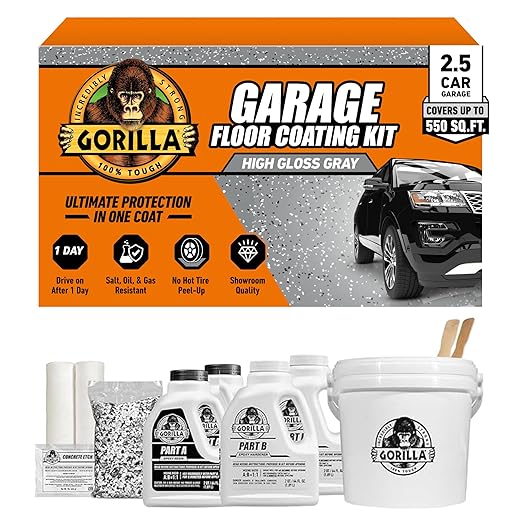 Gorilla Epoxy Garage Floor Coating (12 pc) Kit, 2.5-Car, Concrete Flooring, 100% Solids, Superior Adhesion, Incredibly Durable High Gloss Gray Finish, 550 sq. ft. Coverage
