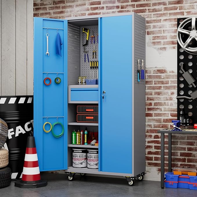 Reemoon 71" H Metal Garage Storage Cabinet with Wheels and Doors,Rolling Tool Cabinet with Pegboard,Rod and Drawer for Garage Warehouse Home,Required Assembly,Grey and Blue