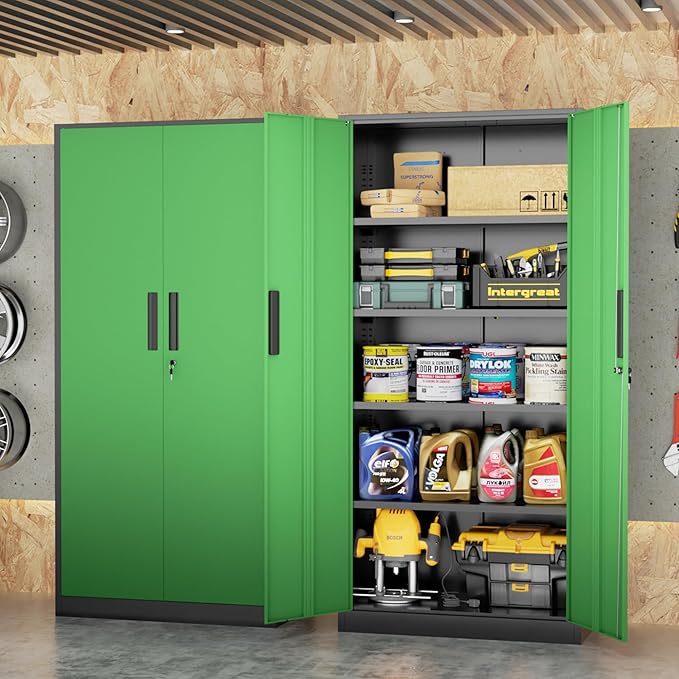 Bonusall 72" Metal Garage Storage Cabinet, 2 Locking Doors & 4 Adjustable Shelves Tall Storage, Heavy Duty Steel Tool Cabinet for Home, Office, Warehouse, School (Black Green)
