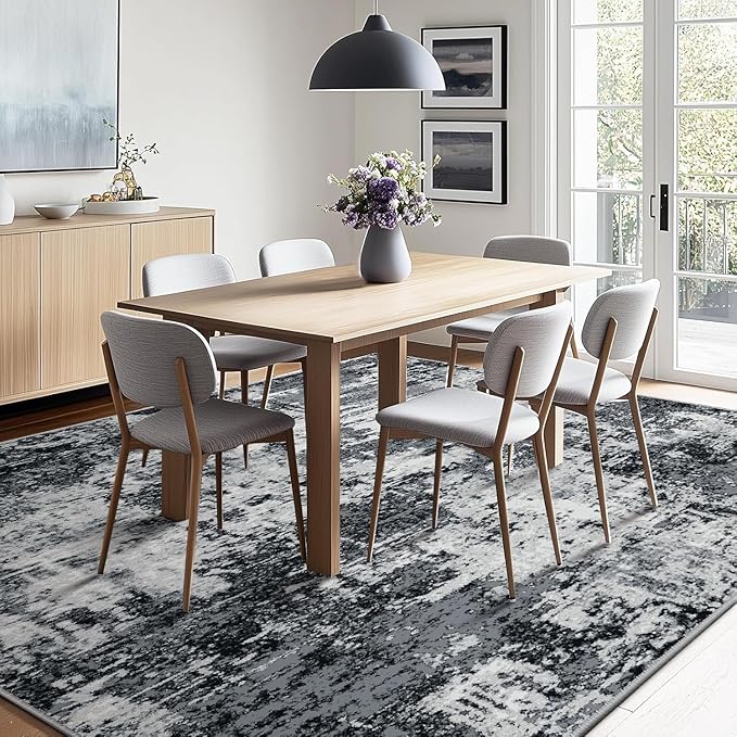 RELEANY Washable Area Rugs 4'x5' Non-Slip Modern Abstract Soft for Living Room Entryway Bedroom Nursery, Print Pattern, Black Navy Blue Gray