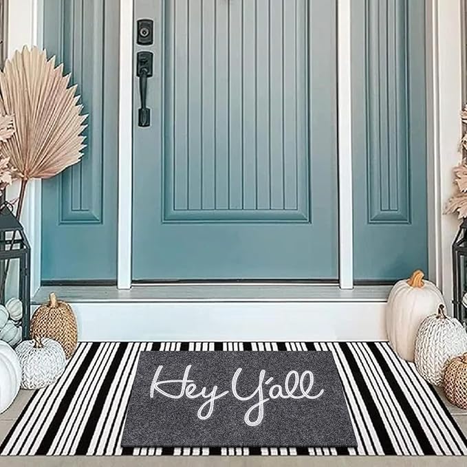 Front Door Indoor Outdoor Entrance Doormat Grey Rubber Welcome Door Mat Hey Y'all Doormat Anti Slip Easy to Clean Corridor Patio Entry Mat