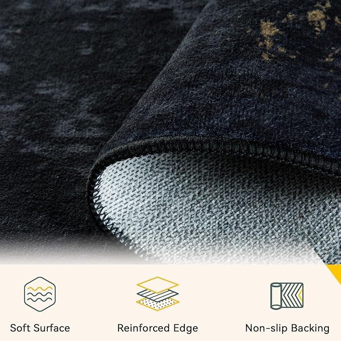 RELEANY Washable Area Rugs 9'x12' Non-Slip Modern Abstract Soft for Living Room Entryway Bedroom Nursery, Print Pattern, Dark Black Gold