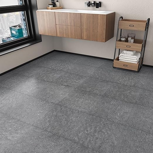 Wallercity Stone Gray Peel and Stick Floor Tiles 12''x12'' Marble Grey Vinyl Flooring Tiles for Bathroom Kitchen Decor Non-Slip Self Adhesive Waterproof Flooing Sheets for Living Room Balcony 16PCS