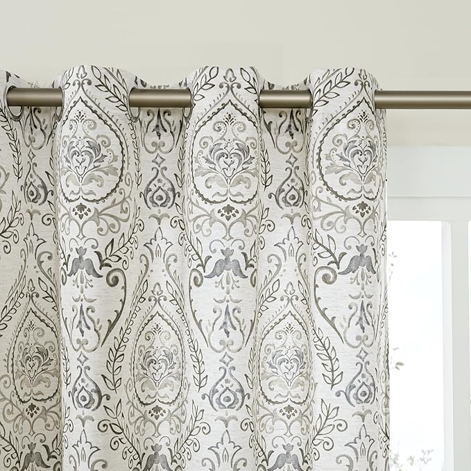 LAMIT Grey Linen Curtains 108 inches Long for Living Room, Long Farmhouse Curtains Grommet Light Filtering Pattern Window Curains & Drapes Vintage Floral Printed, 2 Panels, Each 52 x 108 Inch