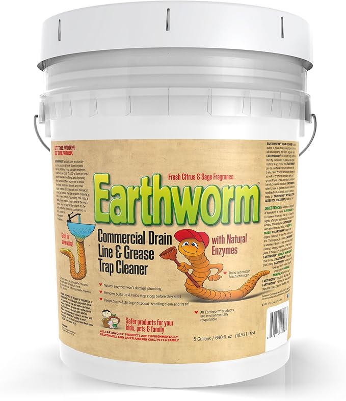 Earthworm Commercial Drain Line and Grease Trap Cleaner - Clog Remover - Drain Opener/Deodorizer - Natural Enzymes, Environmentally Responsible, Citrus & Sage Fragrance- 5-Gallons each