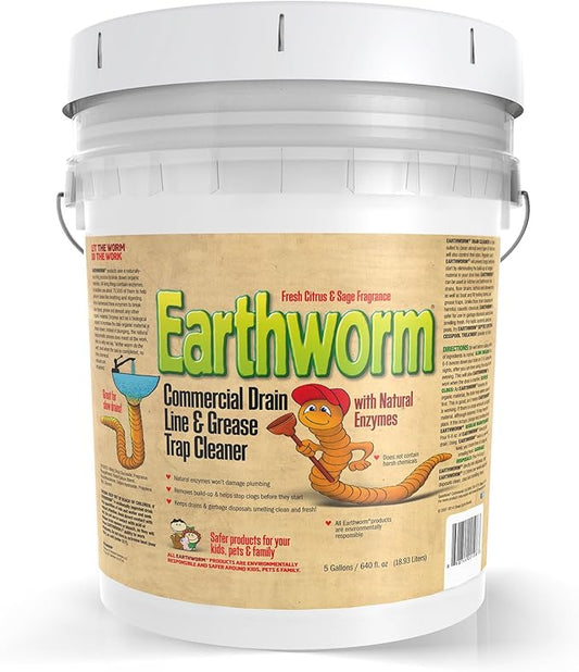 Earthworm Commercial Drain Line and Grease Trap Cleaner - Clog Remover - Drain Opener/Deodorizer - Natural Enzymes, Environmentally Responsible, Citrus & Sage Fragrance- 5-Gallons each