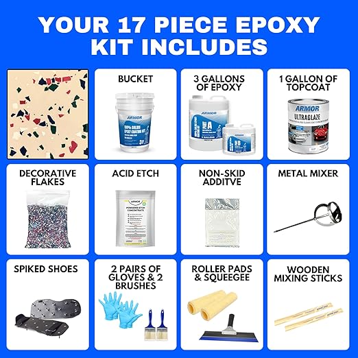 ArmorPoxy Garage Epoxy Floor Kit – 100% Solids - 2 Part Industrial-Grade Coating w/UltraGlaze Topcoat | DIY Slip & Hot Tire Resistant | 600 Sq Ft - Desert Tan - 17 pc kit
